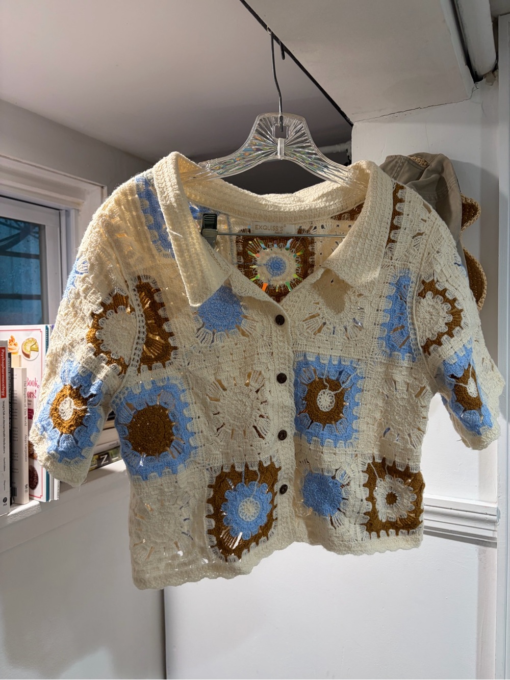 Crochet Patchwork Short-Sleeve Cardigan - Cream with Blue & Brown Accents